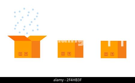 Cardboard boxes mockup flat style design vector illustration icon sign set isolated on white background. Open, closed and packed boxes and soft shadow Stock Vector