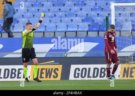 Luigi Ferraris stadium, Genova, Italy, 21 Mar 2021, The Referee of the match Daniele Orsato of Schio, Yellow card for Vojnovic Lyanco (Torino) during UC Sampdoria vs Torino FC, Italian football Serie A match - Photo Danilo Vigo / LM Stock Photo