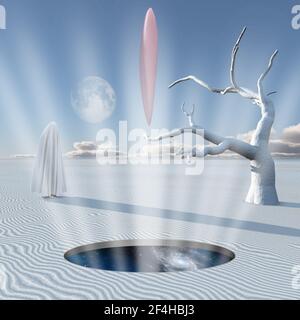 Surreal white desert. Mystic figure in white clothes. 3D rendering Stock Photo