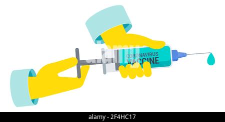 Doctor draws a coronavirus vaccine from a bottle into a syringe Stock Vector