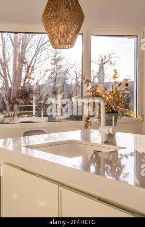 Interior of light kitchen with dining table and counters Stock Photo ...