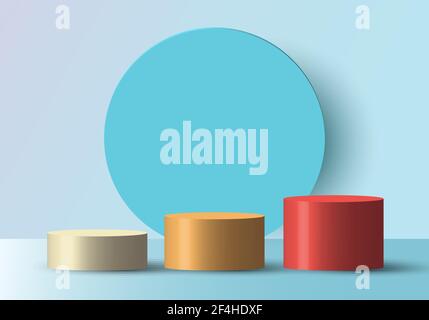 3D realistic empty white, yellow, red round step pedestal mockup with blue circle backdrop. Winner podium stage for award ceremony concept. Vector ill Stock Vector