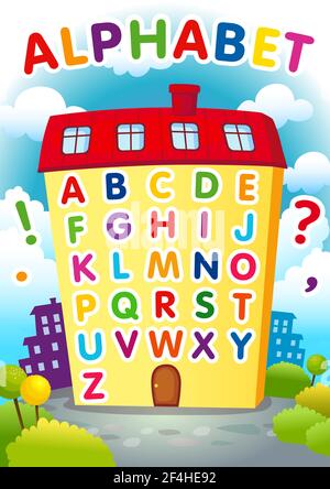 Alphabet educational house. English ABC poster in a shape of the house. Welcome back to school, learning letters from A to Z vector banner. Game or ca Stock Vector