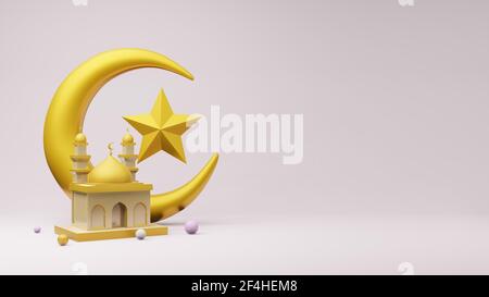 Crescent moon and stars golden with Mosque Islamic symbol 3D rendering ...