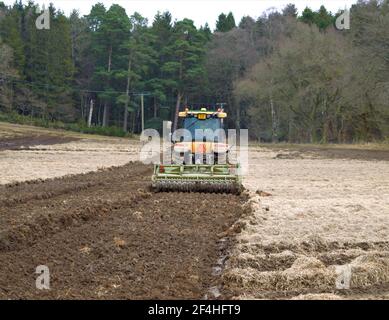 CAT Challenger incorporating straw after carrot harvest, Meikeour Estate, Blairgowrie, Perthshire. Stock Photo