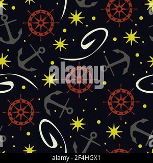 Seamless vector pattern. Set of sea and nautical icons. Sea theme. Vector illustration with stars. Black background. Stock Vector