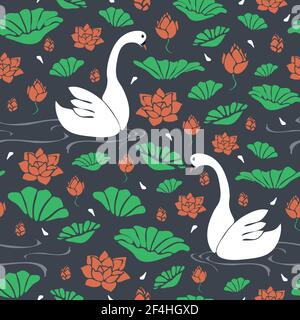Seamless vector pattern with swans and water lily on grey background. Simple bird wallpaper design with flowers. Stock Vector