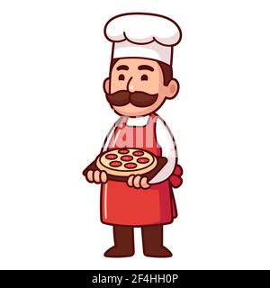 Cute cartoon Italian chef holding pizza. Funny restaurant character, vector clip art illustration. Stock Vector