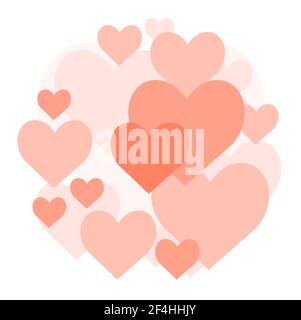 Lots of cute pink hearts. Isolated object on a white background. Funny love. Flat style. Round composition. Vector. Stock Vector