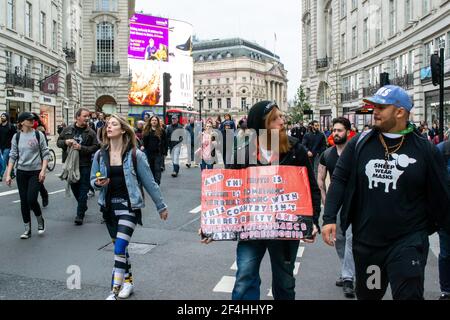 REGENT STREET, LONDON, ENGLAND- 20 March 2021: Protesters at the Vigil for the Voiceless anti-lockdown protest Stock Photo