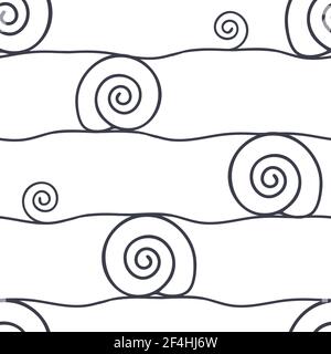 Seamless vector pattern with spiral lines on white background. Simple swirl wallpaper design. Funky fashion textile. Stock Vector