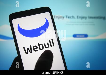 Ukraine. 21st Mar, 2021. In this photo illustration a Webull logo of a financial services company is seen on a smartphone. (Photo by Pavlo Gonchar/SOPA Images/Sipa USA) Credit: Sipa USA/Alamy Live News Stock Photo