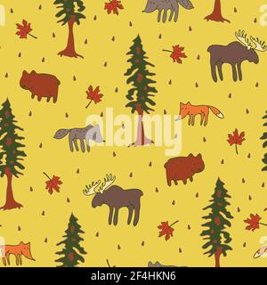 Seamless vector pattern with forest animals on yellow background. Cute hand drawn wallpaper design with fox, bear and wolf. Stock Vector