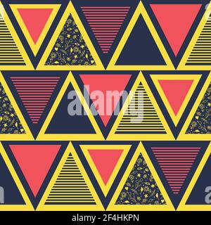 Seamless vector pattern with textured triangles on bright yellow background. Geometrical boho wallpaper design. Modern deco fashion textile. Stock Vector