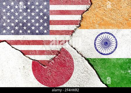 An illustration of flags indicating the political conflict between USA-India-Japan Stock Photo