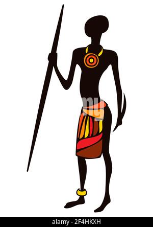 Illustration of stylized African male hunter warrior. Man in national clothes holding spear. Stock Vector