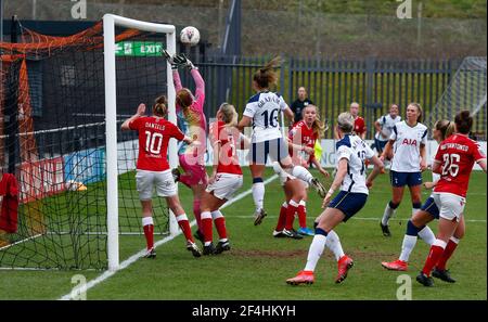 EDGWARE, ENGLAND - MARCH 21: Sophie Baggaley of Bristol City Women (PINK)during  FA Women's Spur League betweenTottenham Hotspur and Bristol City at The Hive Stadium , Edgware, UK on 21st March 2021 Stock Photo