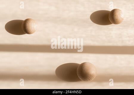 Modern product display surface flat lay, top view. Eco presentation background in pastel natural colors with decor wooden shapes. Minimal cosmetic Stock Photo