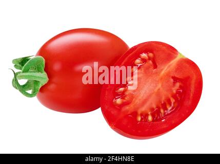 San Marzano tomatoes. Whole and cut up plum cherry juicy tomato isolated on white. Italian fresh vegetables. Organic raw vegan healthy food vegetable Stock Photo