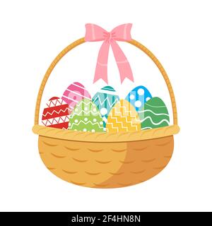 Retro wicker basket with Easter colorful eggs and decorated with pink ribbon isolated on white background. Flat style design vector illustration Stock Vector