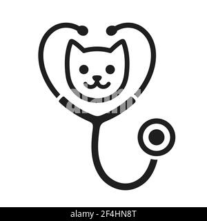 Stethoscope silhouette with cat face icon. Veterinary clinic logo, isolated vector illustration. Stock Vector