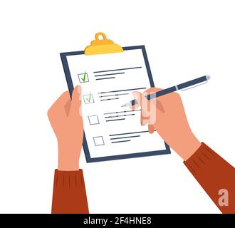 Hands holding clipboard with checklist with green check marks and pen. Human filling control list on notepad. Concept of Survey, quiz, to-do list or a Stock Vector