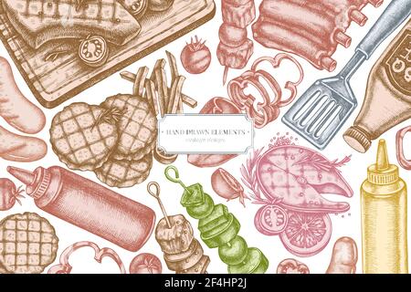 Design with pastel colored spatula, Pork ribs, kebab, sausages, steak, sauce bottles, grilled burger patties, grilled tomato, grilled salmon steak Stock Vector