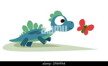 Baby dinosaur playing with a butterfly. The isolated object on a white background. Cheerful kind animal child. Cartoons flat style. Prehistoric Stock Vector