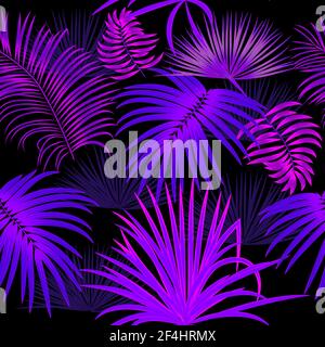 Neon blue and purple seamless pattern with tropical leaves of palm tree. Botany vector background, jungle  wallpaper. Stock Vector