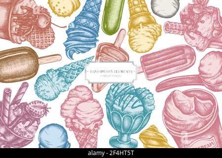 Design with pastel colored ice cream bowls, ice cream bucket, popsicle ice cream, ice cream cones, ice cream scoop, ice cream balls Stock Vector