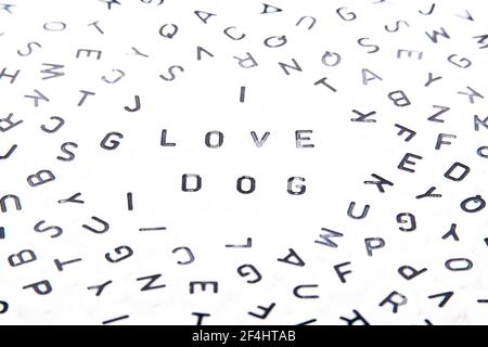 I love dog faded word in the sea of letters Stock Photo