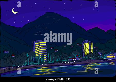 A resort town at the foot of the mountains by the sea. Summer, moonlit starry night. City lights are reflected in the water. View from the sea. Stock Vector