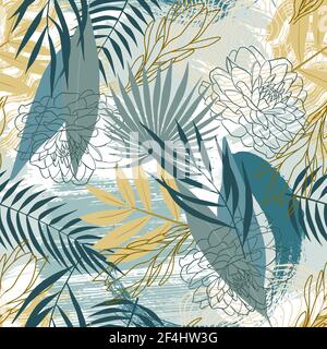 Modern seamless pattern with tropical plant leaves. Abstract design. Vector illustration.. Doodle Stock Vector