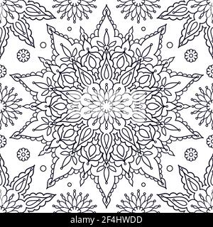 Seamless pattern with mandala. Black and white linear image. Doodle style. For coloring, fabric design, wallpaper, backgrounds, postcards, prints. Vec Stock Vector