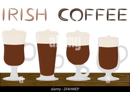 Illustration on theme for cream cocktail Irish coffee in glass cup with foam. Cocktail pattern consisting of cold Irish coffee with whiskey, whipped s Stock Vector