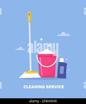 Cleaning service and household supplies. Design concept for web banner, infographic, poster. Detergent and disinfectant products with bucket, mop, det Stock Vector