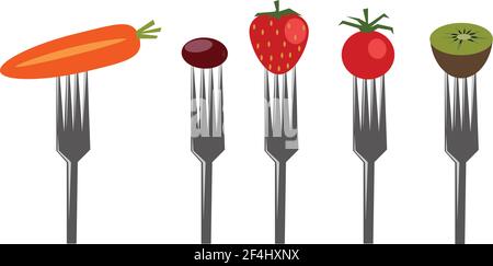 Vegetables and fruits on forks. Healthy food vector stock illustration Stock Vector