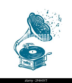 Retro musical gramophone. Drawn vintage phonograph. Musical concept Stock Vector