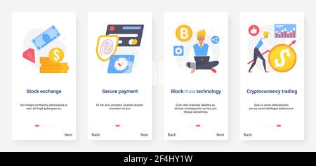 Blockchain cryptocurrency, stock exchange UI, UX onboarding mobile app page screen set Stock Vector