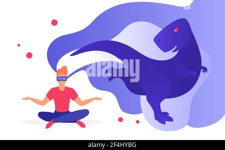 Virtual reality man with dinosaur concept illustration Stock Vector