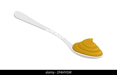 Spoon with mustard isolated on white background. Vector cartoon illustration. Stock Vector