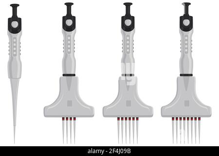 Illustration on theme big kit different medical pipette, dropper for laboratory. Pattern dropper consisting of many laboratory medical pipette on back Stock Vector