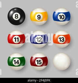 Colorful billiard, pool balls with numbers on gray background. Realistic glossy snooker ball. Vector illustration. Stock Vector