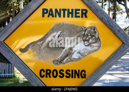 Panther Crossing Sign at the Seminole Tribe of Florida’s Billie Swamp Safari. Stock Photo