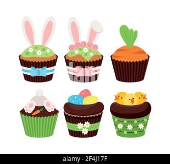 Easter cupcakes with kids decor set isolated on white background. Stock Vector