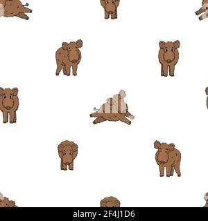 Seamless pattern of brown vector outline cute cartoon boar in different poses. Fluffy animal stand, run, is happy, is angry. Front side view. Doodle i Stock Vector