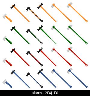 Illustration on theme big kit steel axes with wooden handle, metal ax for hunting. Pattern ax consisting of many different axes on white background. F Stock Vector