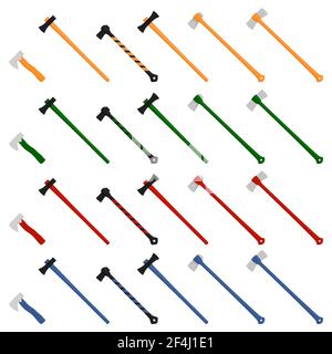 Illustration on theme big kit steel axes with wooden handle, metal ax for hunting. Pattern ax consisting of many different axes on white background. F Stock Vector