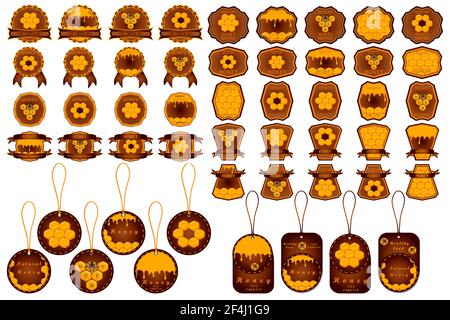 Illustration on theme for big set label of sugary flowing down honey in honeycomb with bee. Label pattern consisting from kit sticky honey at honeycom Stock Vector