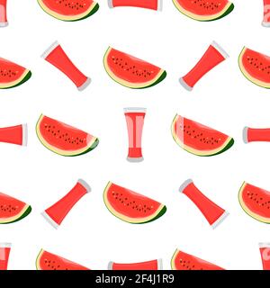 Illustration on theme colored lemonade in watermelon cup for natural drink. Lemonade pattern consisting of kitchen accessory, watermelon cup to organi Stock Vector